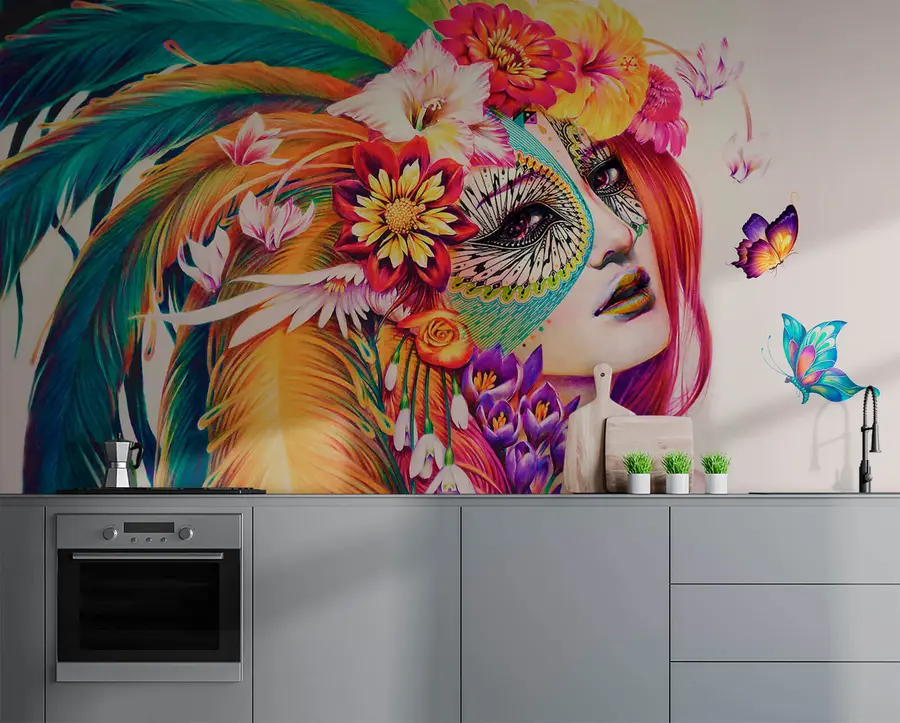 Fototapeedid Tüdruk sulgede ja lilledega u46277