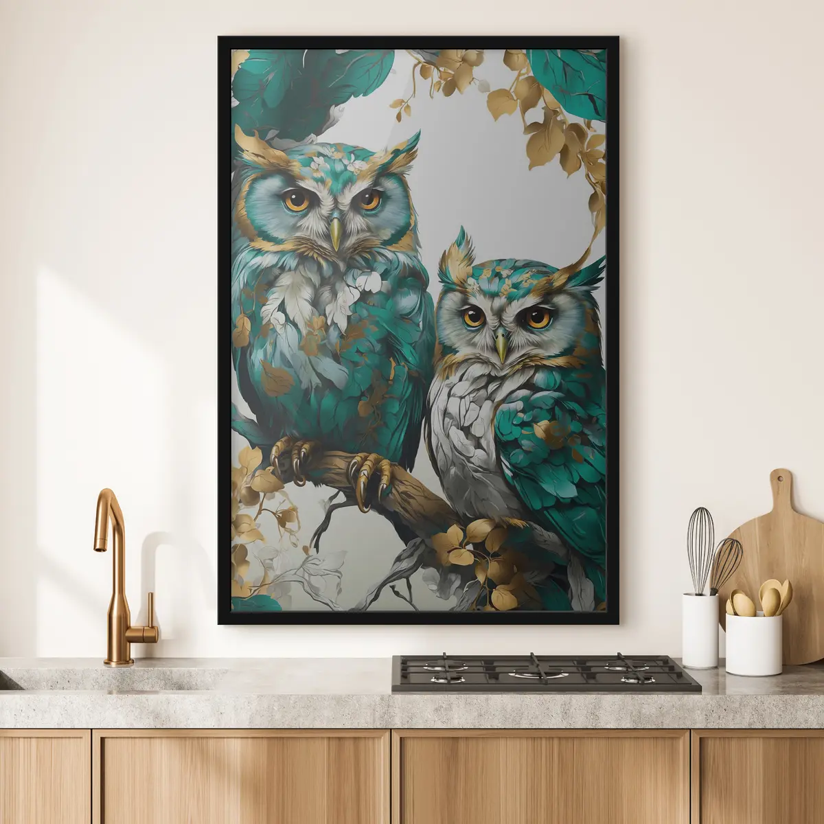 Plakat Kaks rohelist öökullid lehtedes f37569