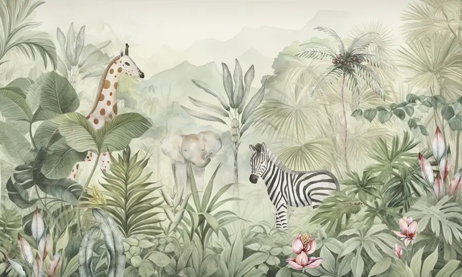 Fototapeedid Džunglimets, palmid, kaelkirjak, elevant, seepra, akvarell, rohelus, banaanipuu, lilled w00089