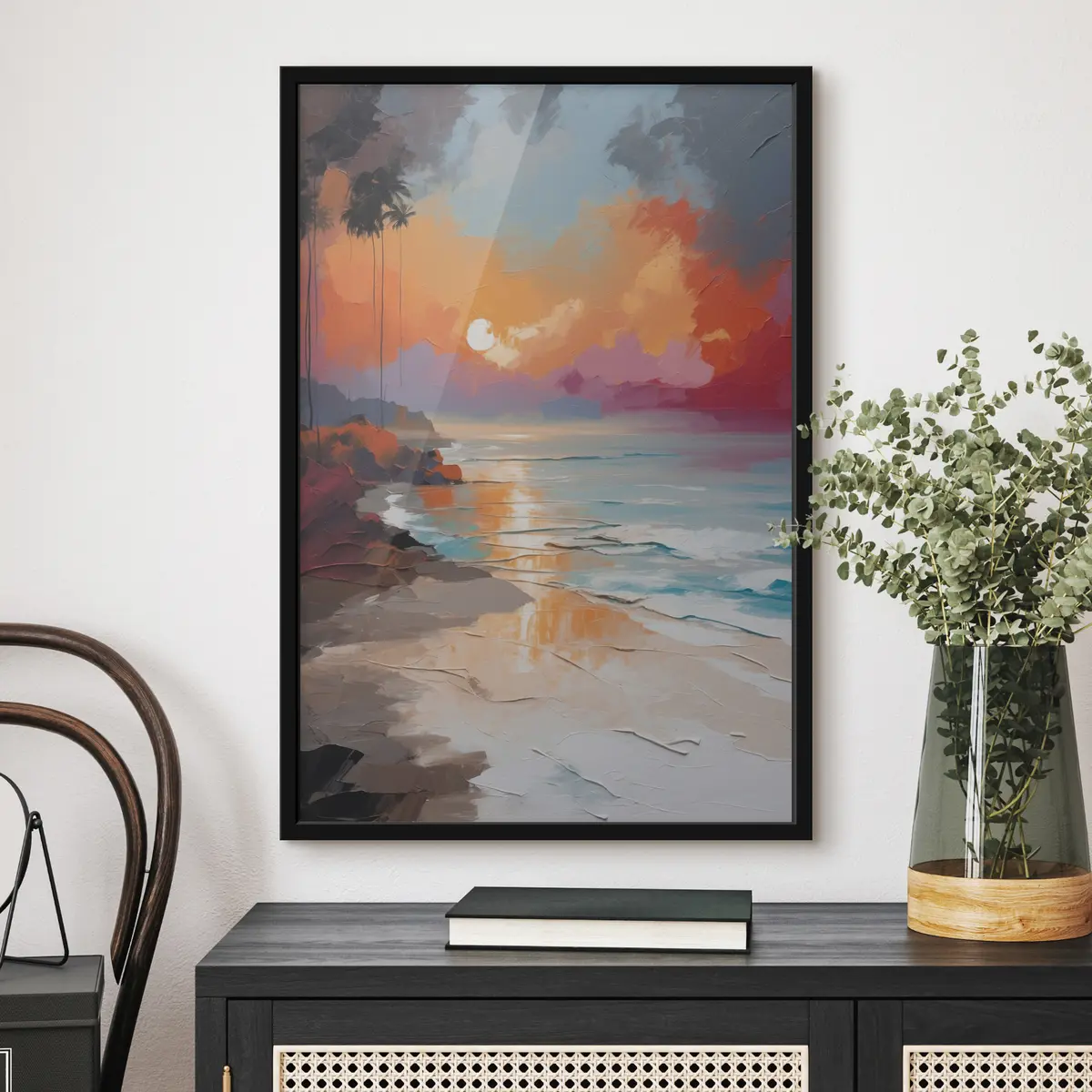 Plakat Elav päikeseloojang rahuliku ranna kohal f37800