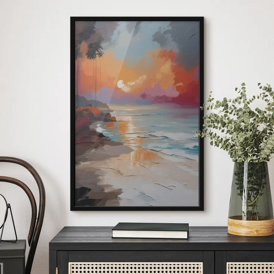 Fototapeedid Elav päikeseloojang rahuliku ranna kohal f37800