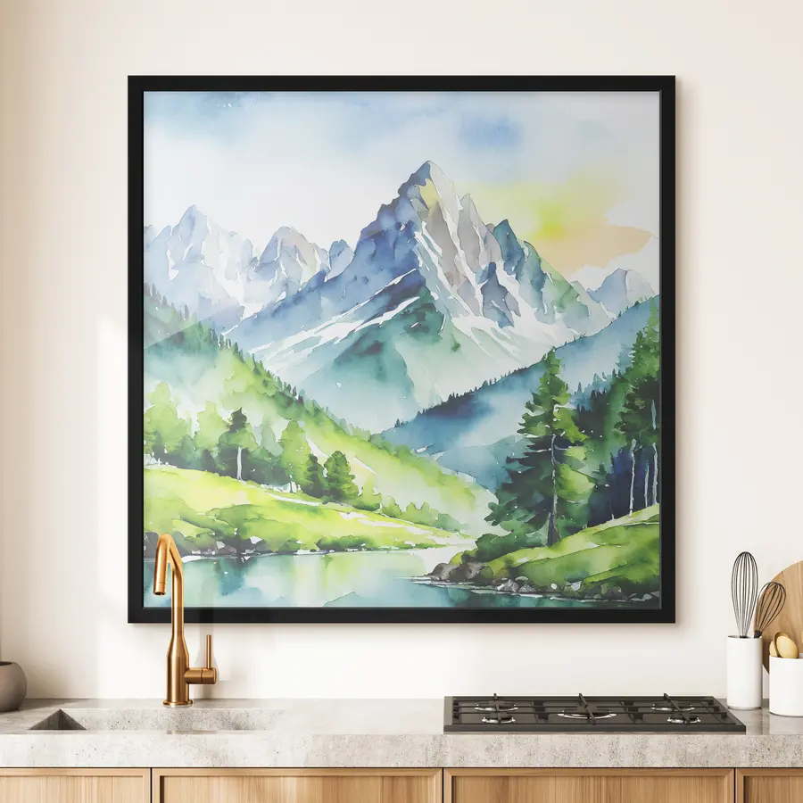 Pilt Mägimaastik jõega, suvi, rohelus, mets, akvarell, päikeseloojangu taevas f37960