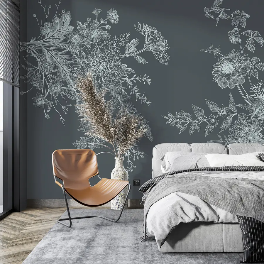 Fototapeedid Lilleornament, minimalism, line art, boho stiil, rustikaalne, pioon, martsikas, tumesinine taust  w00381v1