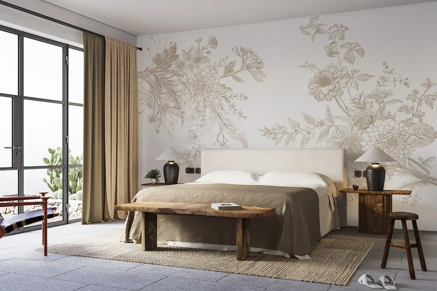 Fototapeedid Lilleornament, minimalism, line art, boho stiil, rustikaalne, pioon, martsikas, beež värvid, heinamaa w00381v4