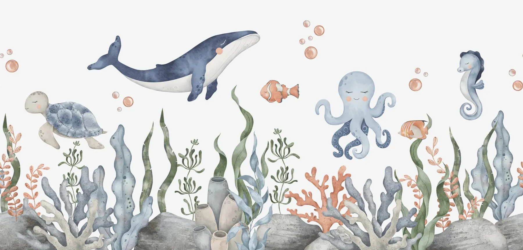 Fototapeedid Veealune maailm vaala, kaheksajala, kilpkonnaga w00383