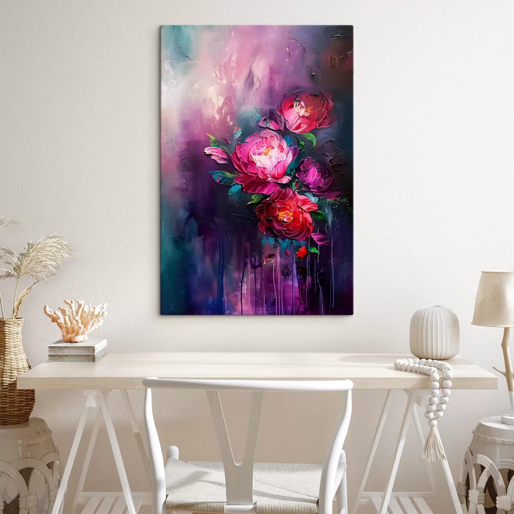 Fototapeedid Roose, õitsvaid lilli maalimas õlimaali stiilis, tumelillal taustal  s38108