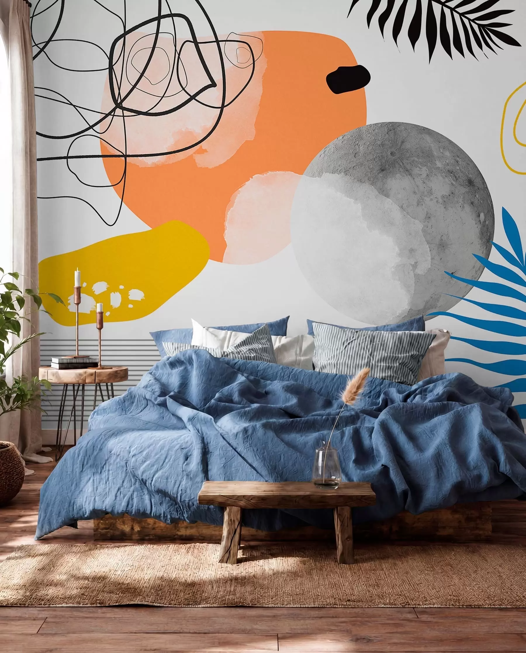 Fototapeedid Abstraktne kaasaegne, minimalism, boho, geomeetria, akvarellilaigud, täiskuu, palmilehtede siluett, topograafia, keerukus, oranž, kollane, hall w00508