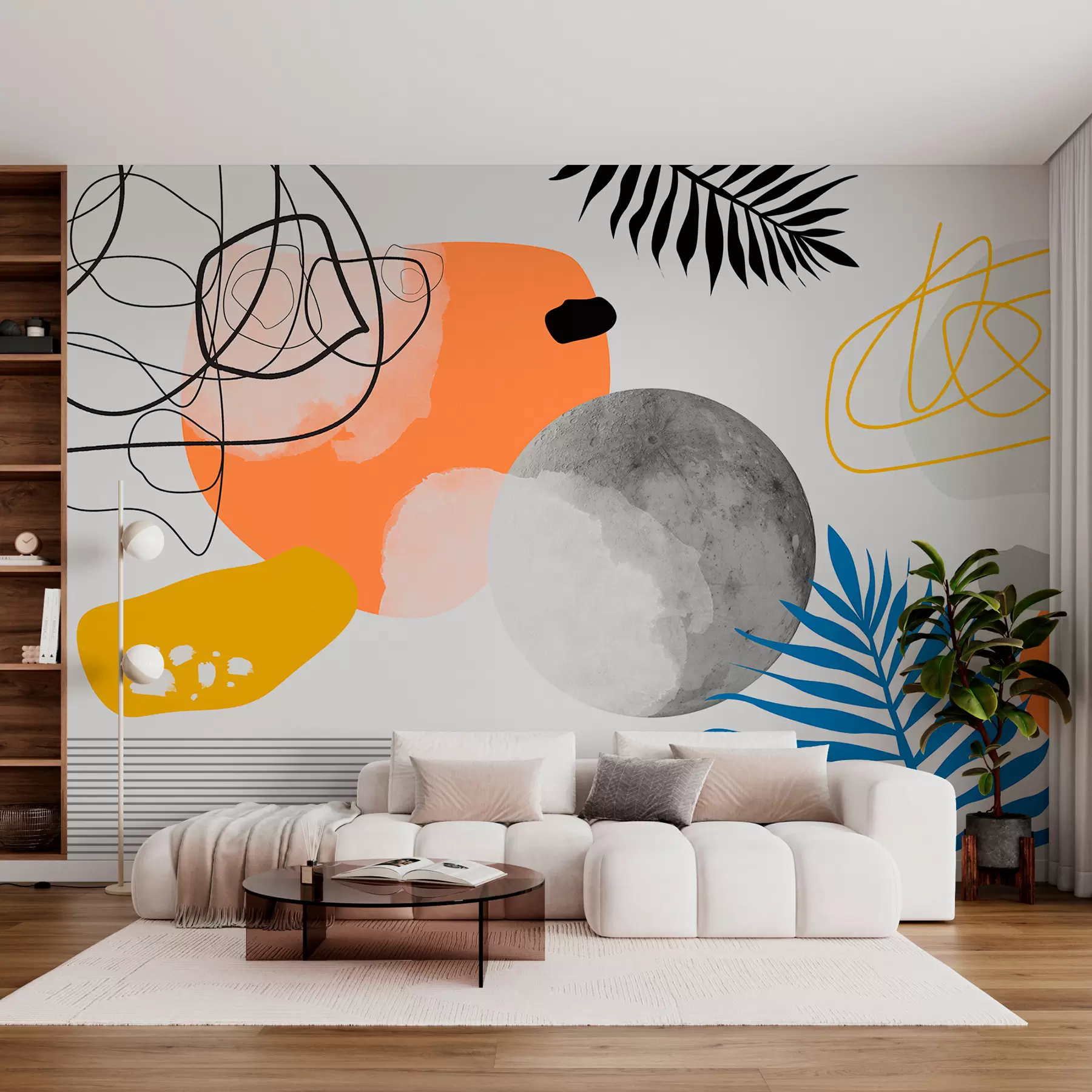 Fototapeedid Abstraktne kaasaegne, minimalism, boho, geomeetria, akvarellilaigud, täiskuu, palmilehtede siluett, topograafia, keerukus, oranž, kollane, hall w00508