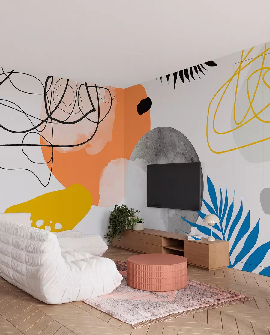 Fototapeedid Abstraktne kaasaegne, minimalism, boho, geomeetria, akvarellilaigud, täiskuu, palmilehtede siluett, topograafia, keerukus, oranž, kollane, hall w00508