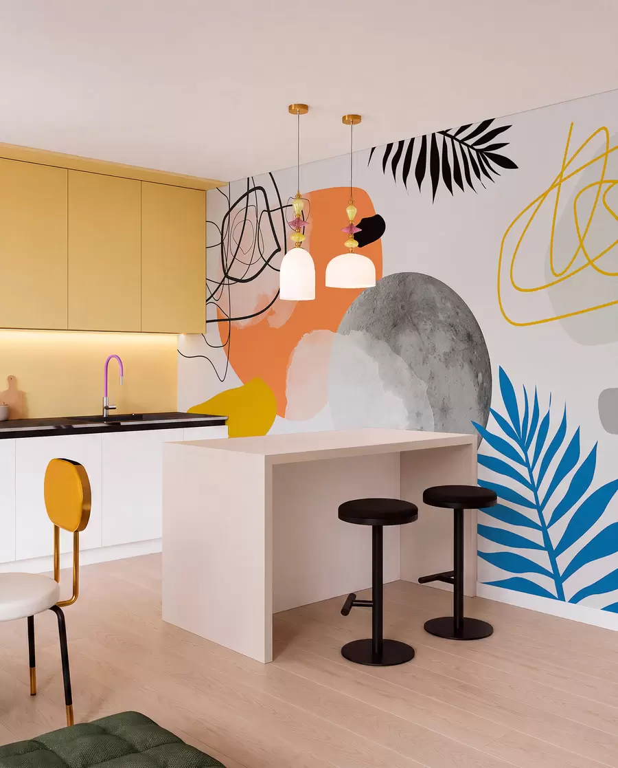 Fototapeedid Abstraktne kaasaegne, minimalism, boho, geomeetria, akvarellilaigud, täiskuu, palmilehtede siluett, topograafia, keerukus, oranž, kollane, hall w00508