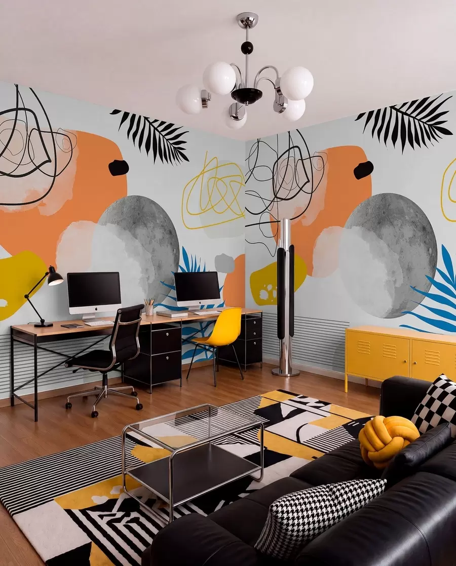 Fototapeedid Abstraktne kaasaegne, minimalism, boho, geomeetria, akvarellilaigud, täiskuu, palmilehtede siluett, topograafia, keerukus, oranž, kollane, hall w00508