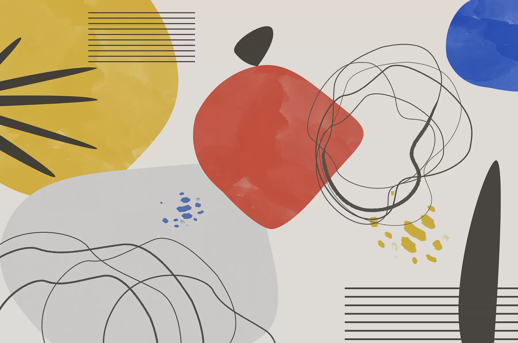 Fototapeedid Abstraktsioon kaasaegne, helge koht, boho, geomeetria, topograafia, kõverad, jooned, punane, kollane, sinine, must w00514