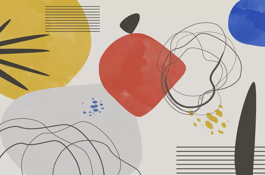 Fototapeedid Abstraktsioon kaasaegne, helge koht, boho, geomeetria, topograafia, kõverad, jooned, punane, kollane, sinine, must w00514