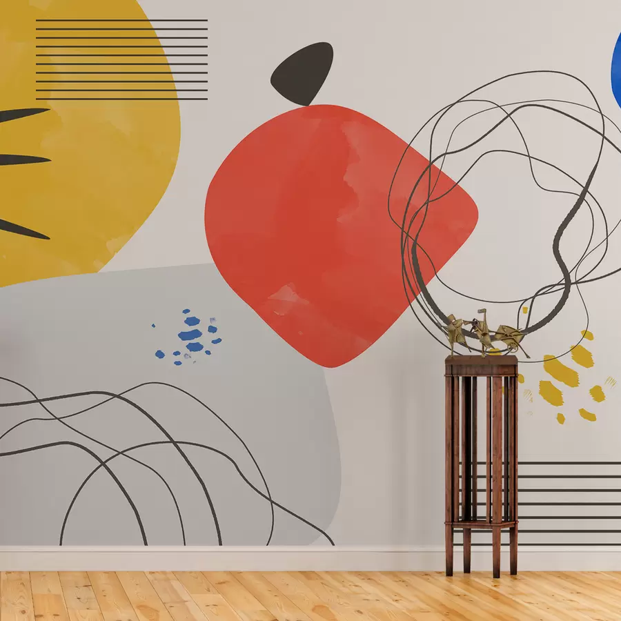 Fototapeedid Abstraktsioon kaasaegne, helge koht, boho, geomeetria, topograafia, kõverad, jooned, punane, kollane, sinine, must w00514