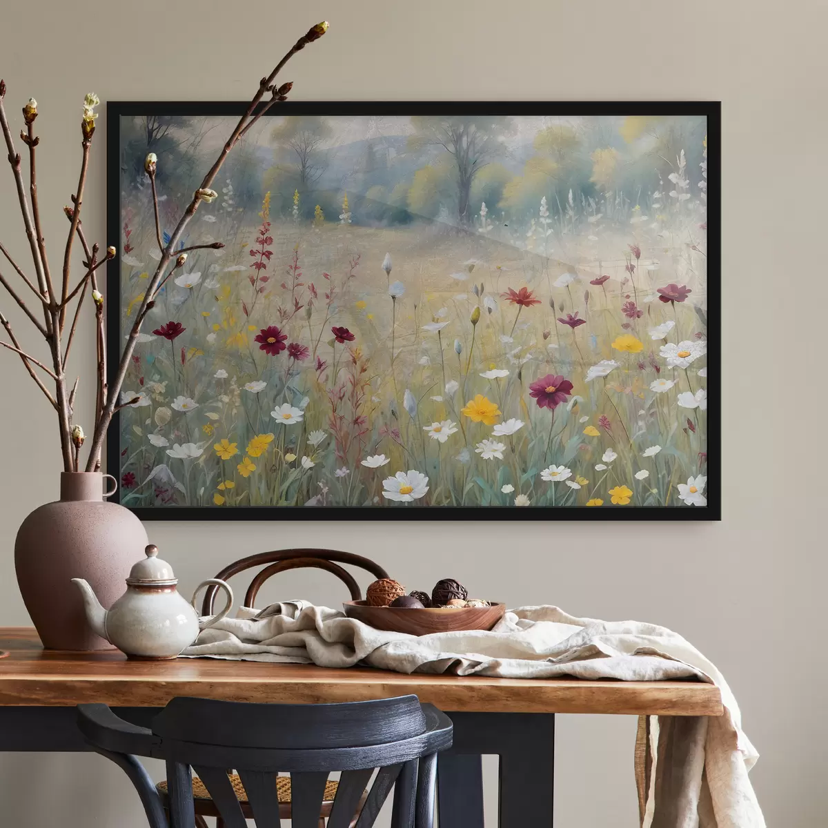 Plakat Värviline metsalilledega heinamaa, mille taustal on ähmane mets f38368