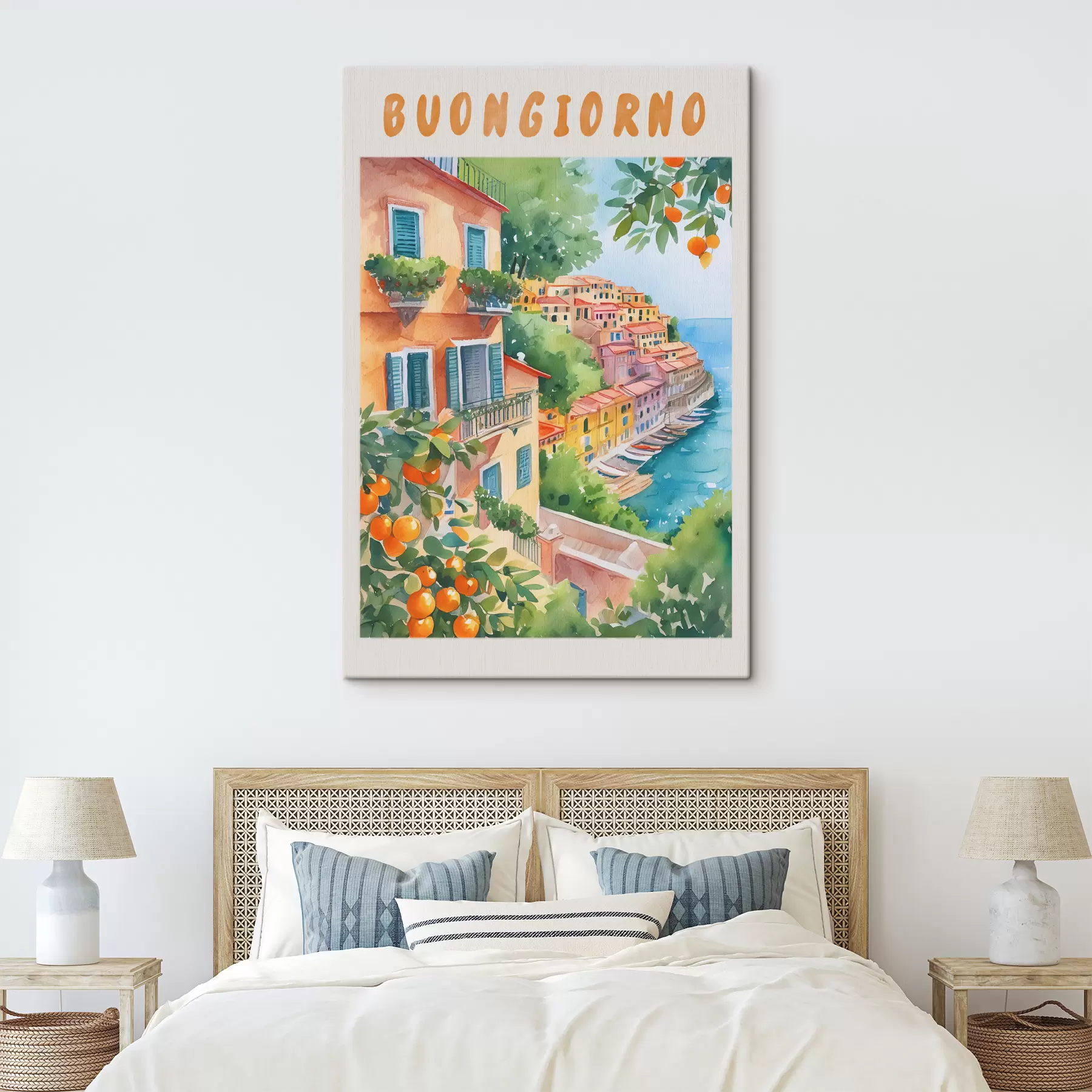 Pilt Itaalia linnaarhitektuur, Amalfi mere rannik, suvi, akvarell, sidrunipuu s38393