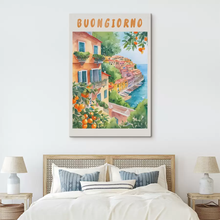 Pilt Itaalia linnaarhitektuur, Amalfi mere rannik, suvi, akvarell, sidrunipuu s38393