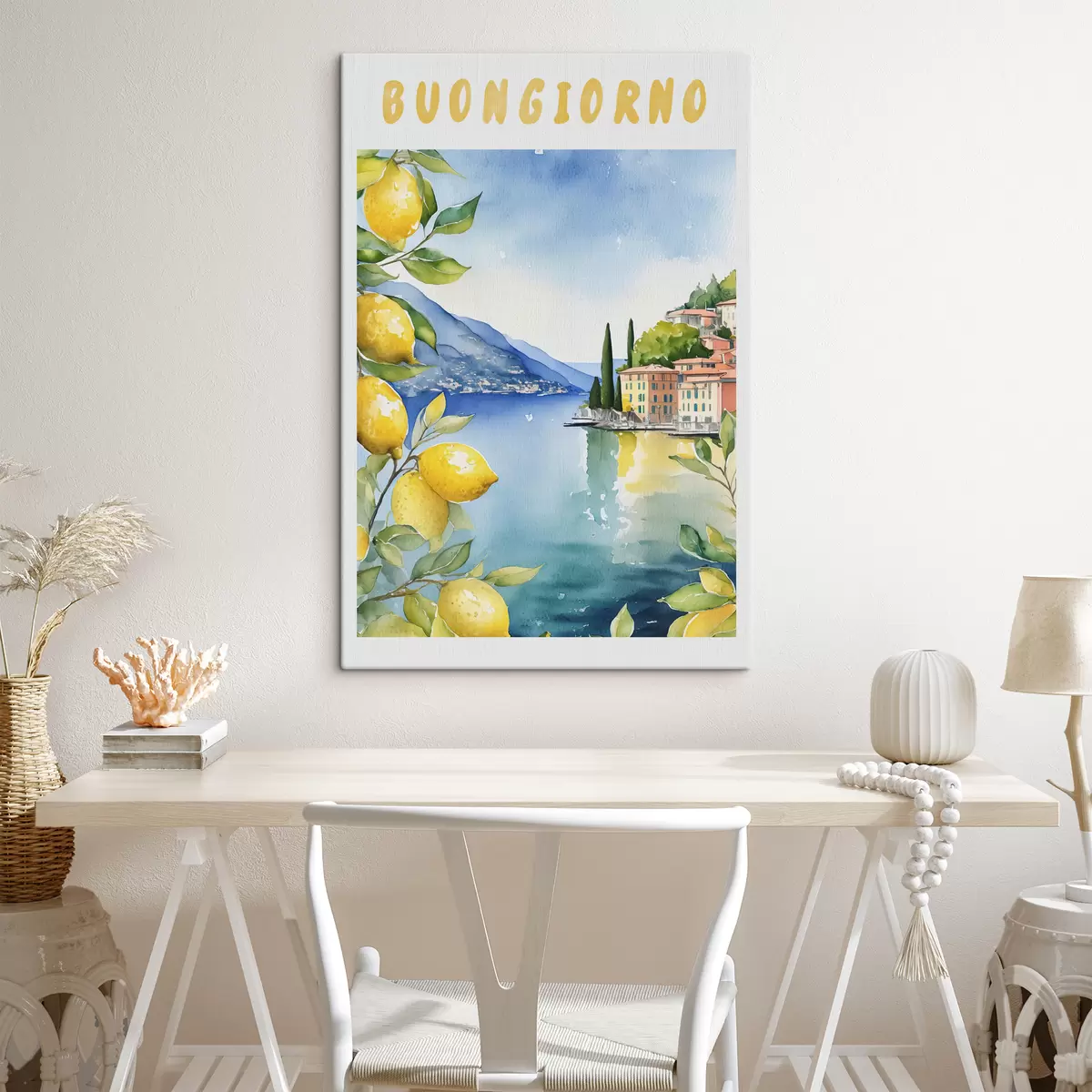 Pilt Itaalia järv, suvi, akvarell, loodusmaastik, sidrunid, linnaarhitektuur  s38394
