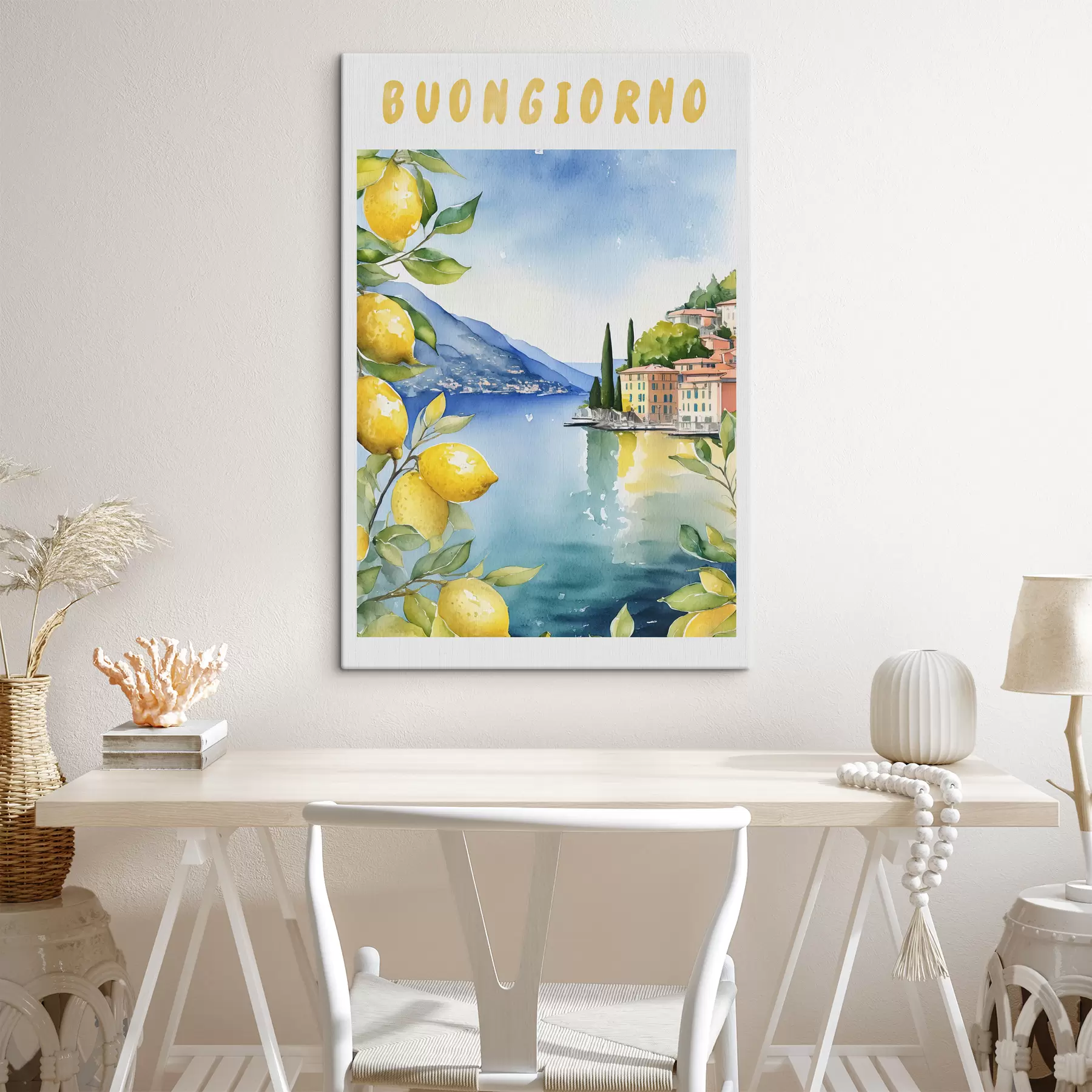 Pilt Itaalia järv, suvi, akvarell, loodusmaastik, sidrunid, linnaarhitektuur  s38394