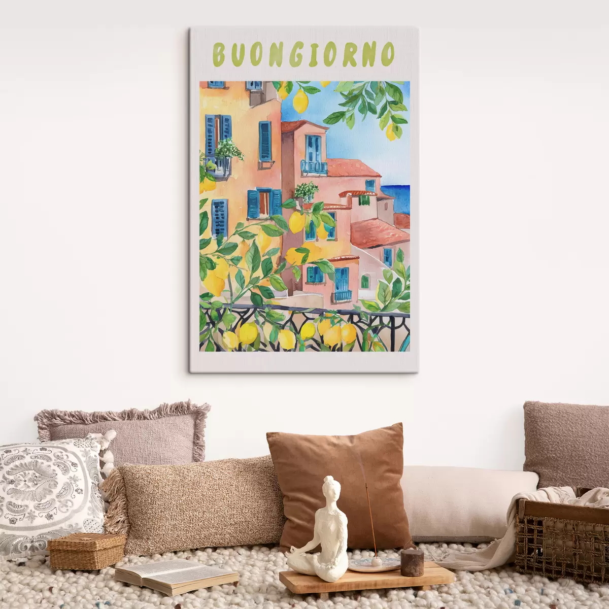 Pilt Itaalia linnaarhitektuur, mererannik, suvi, akvarell, sidrunipuu s38395