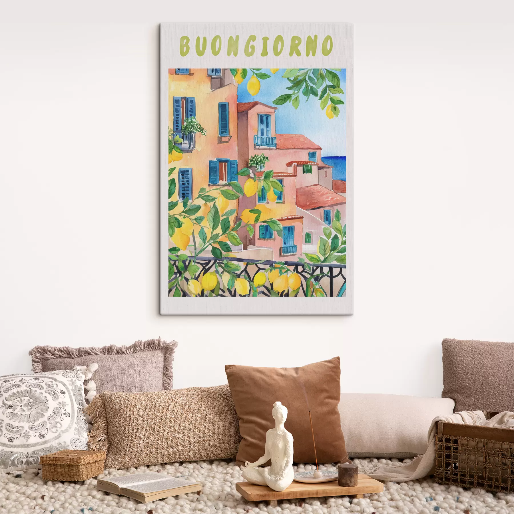 Fototapeedid Itaalia linnaarhitektuur, mererannik, suvi, akvarell, sidrunipuu s38395