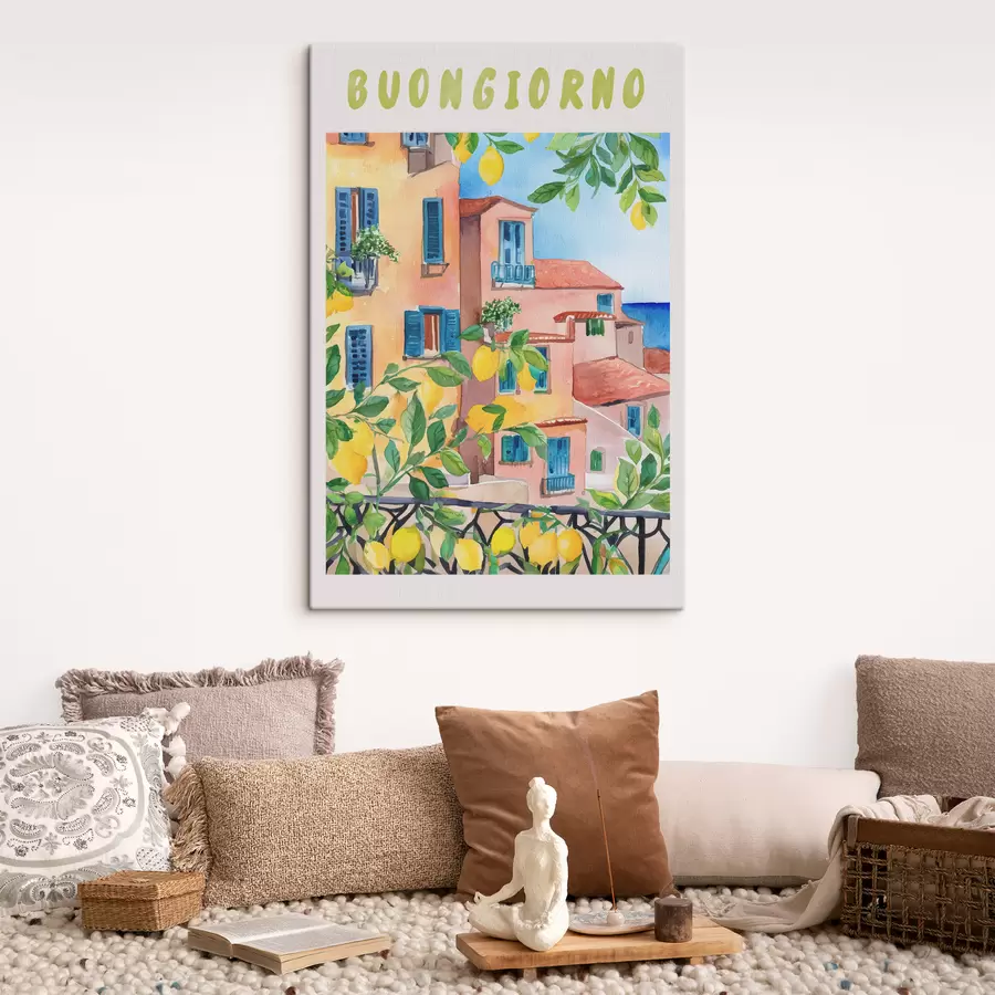 Pilt Itaalia linnaarhitektuur, mererannik, suvi, akvarell, sidrunipuu s38395