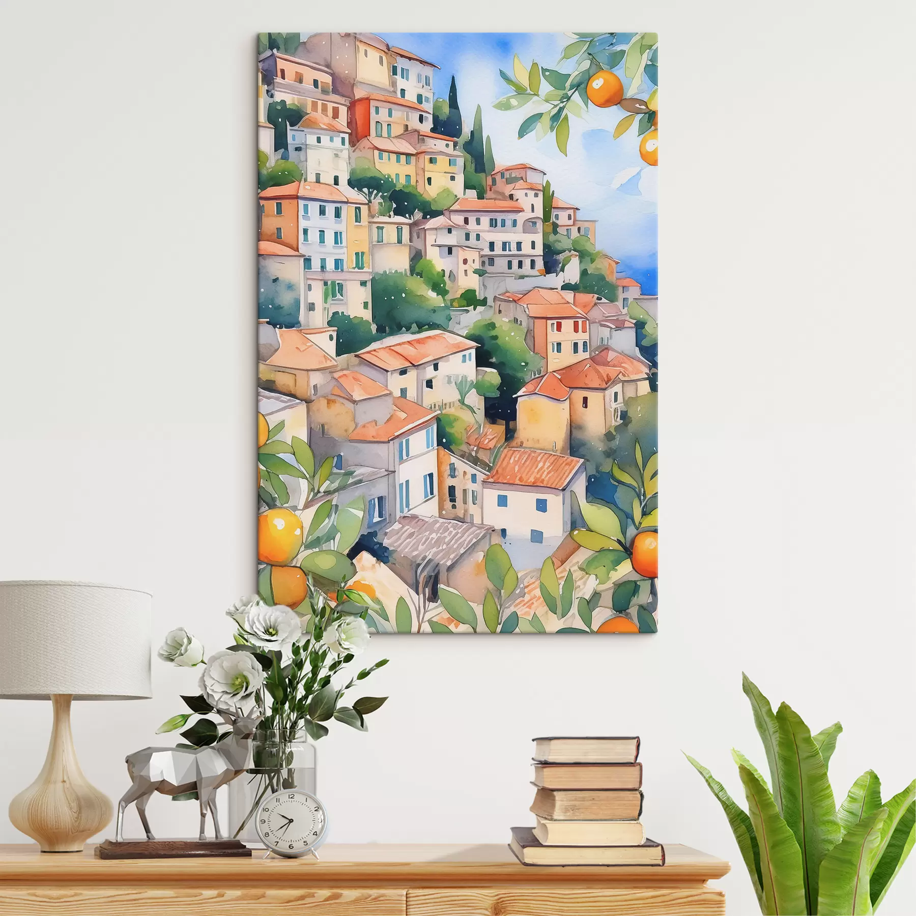 Fototapeedid Vahemere arhitektuur, akvarell, suvi, apelsinid, vanalinn s38396