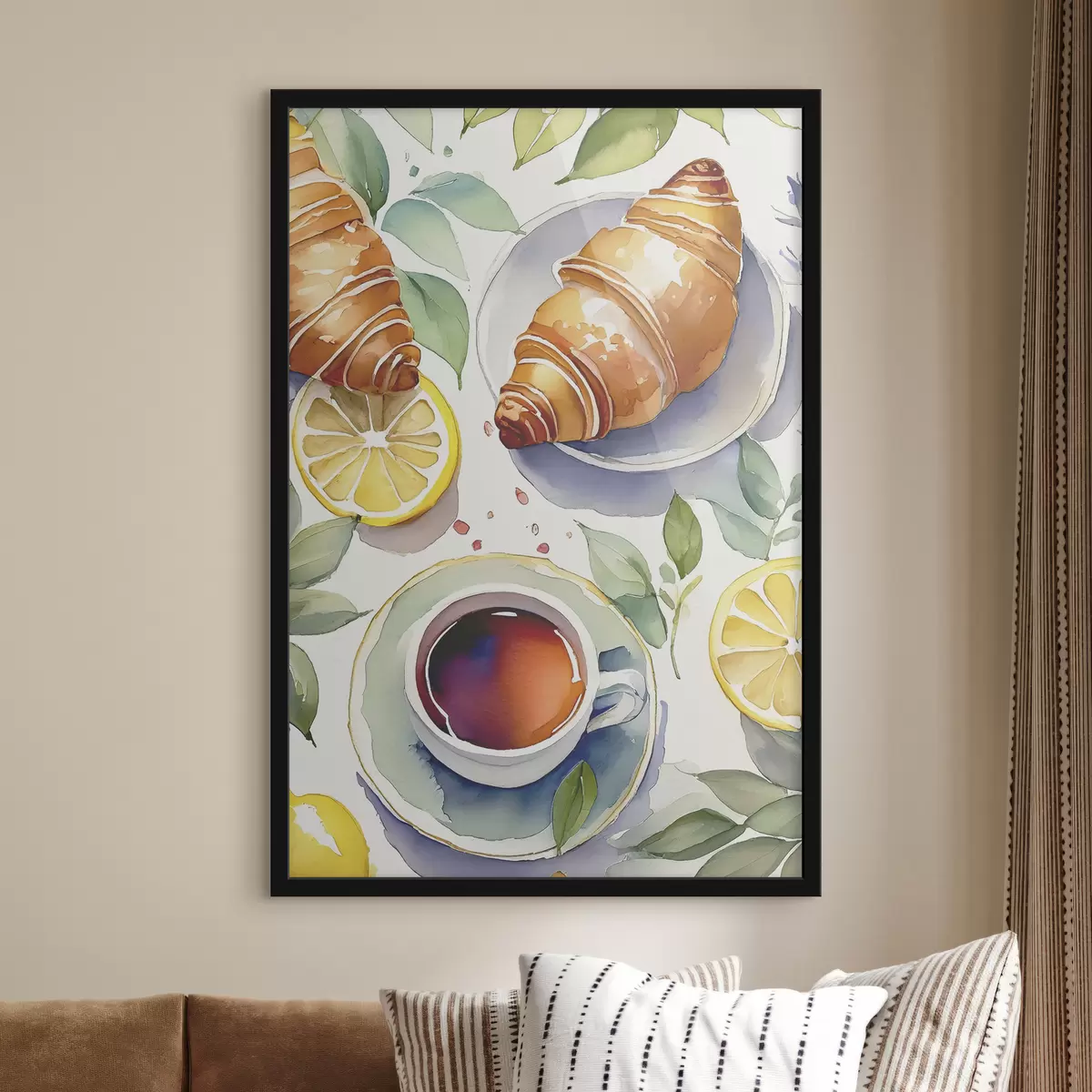 Plakat Croissant akvarell, tass teed, hommikusöök, sidrunid, maalähedane stiil f38389