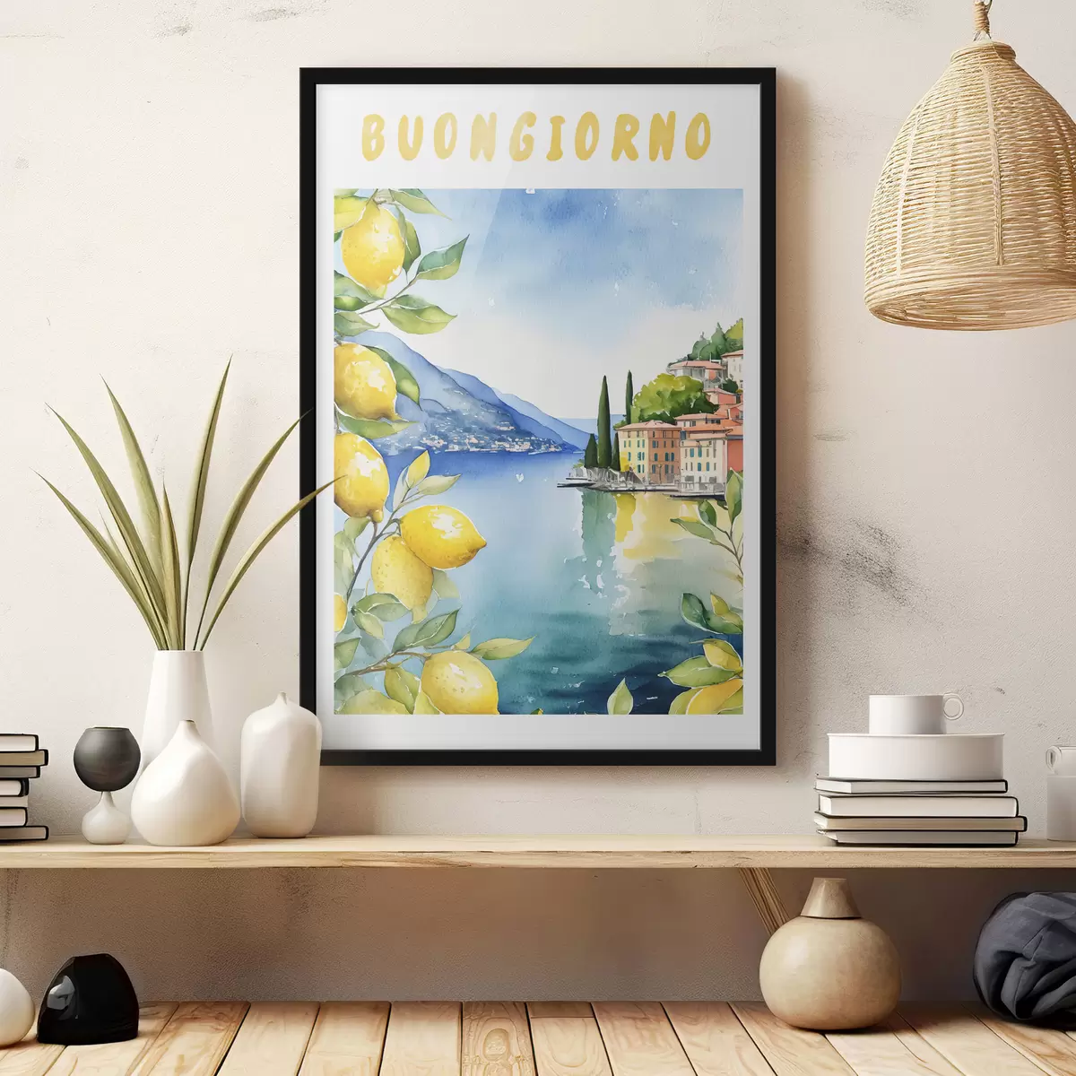 Plakat Itaalia järv, suvi, akvarell, loodusmaastik, sidrunid, linnaarhitektuur f38394