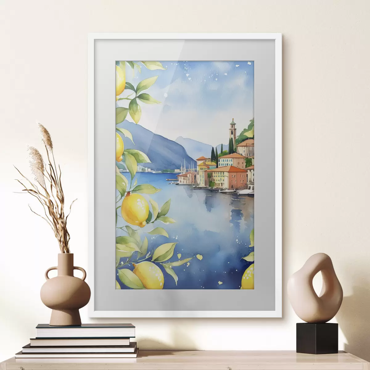 Plakat Itaalia järv, suvi, akvarell, loodusmaastik, sidrunid, linnaarhitektuur f38397