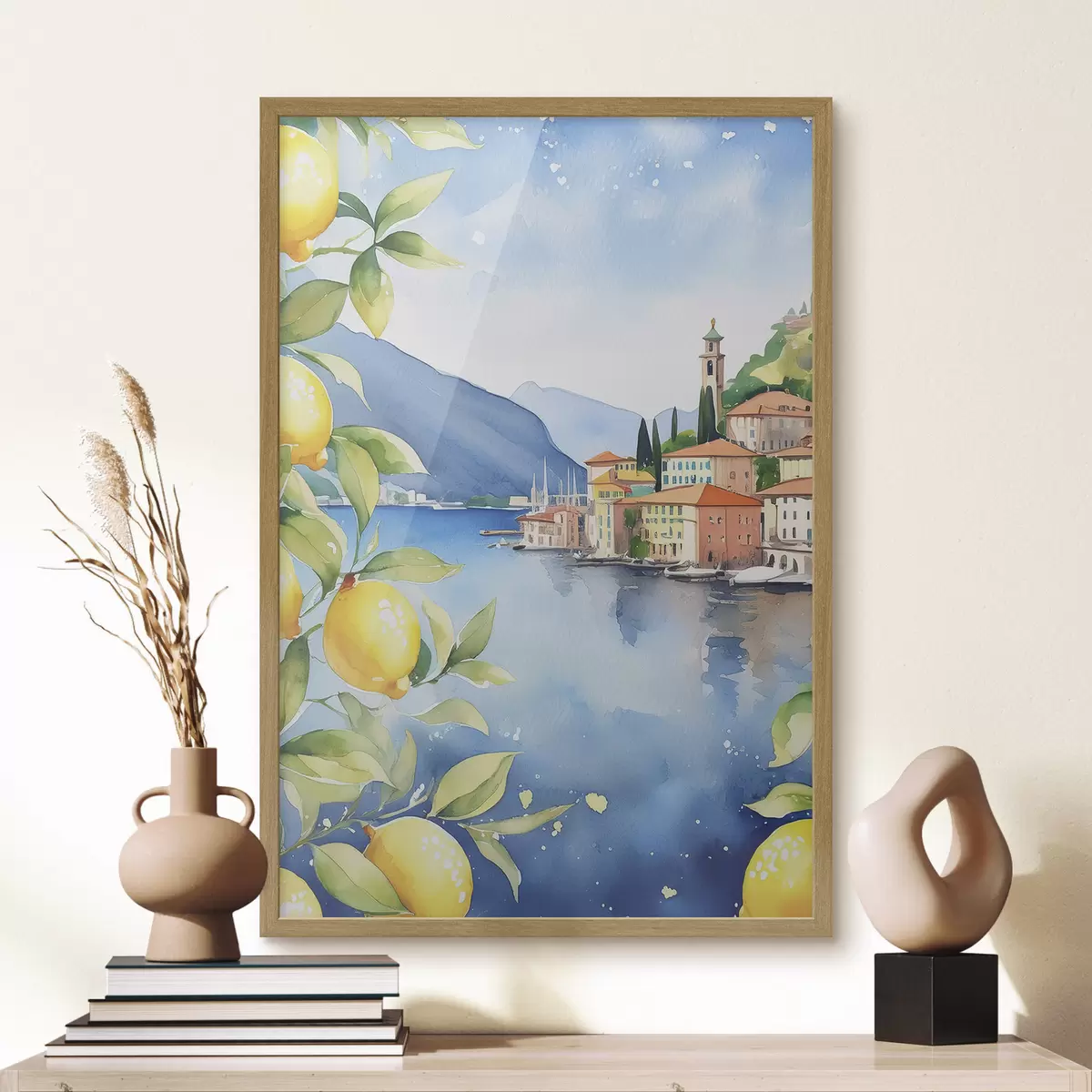 Plakat Itaalia järv, suvi, akvarell, loodusmaastik, sidrunid, linnaarhitektuur f38397