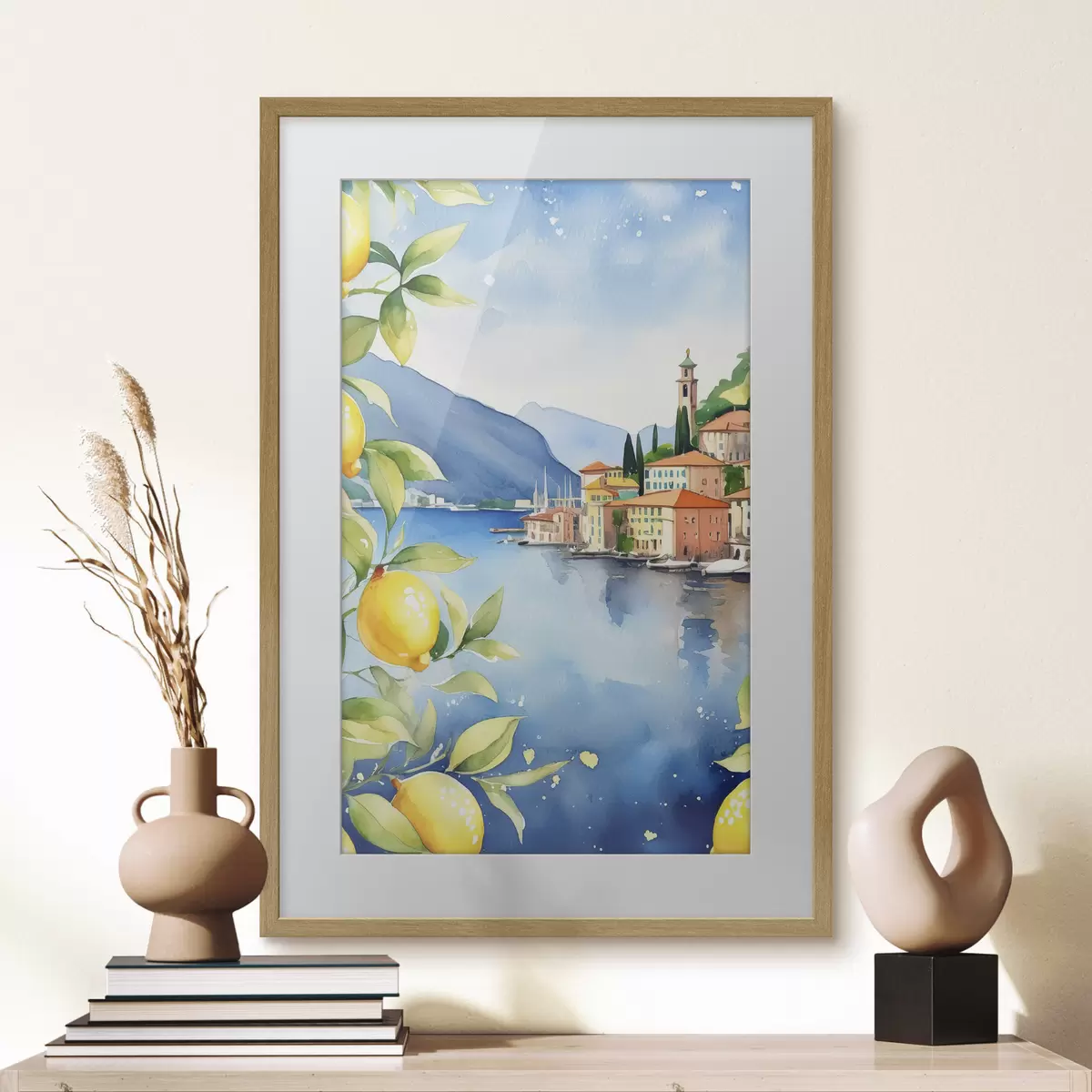 Plakat Itaalia järv, suvi, akvarell, loodusmaastik, sidrunid, linnaarhitektuur f38397