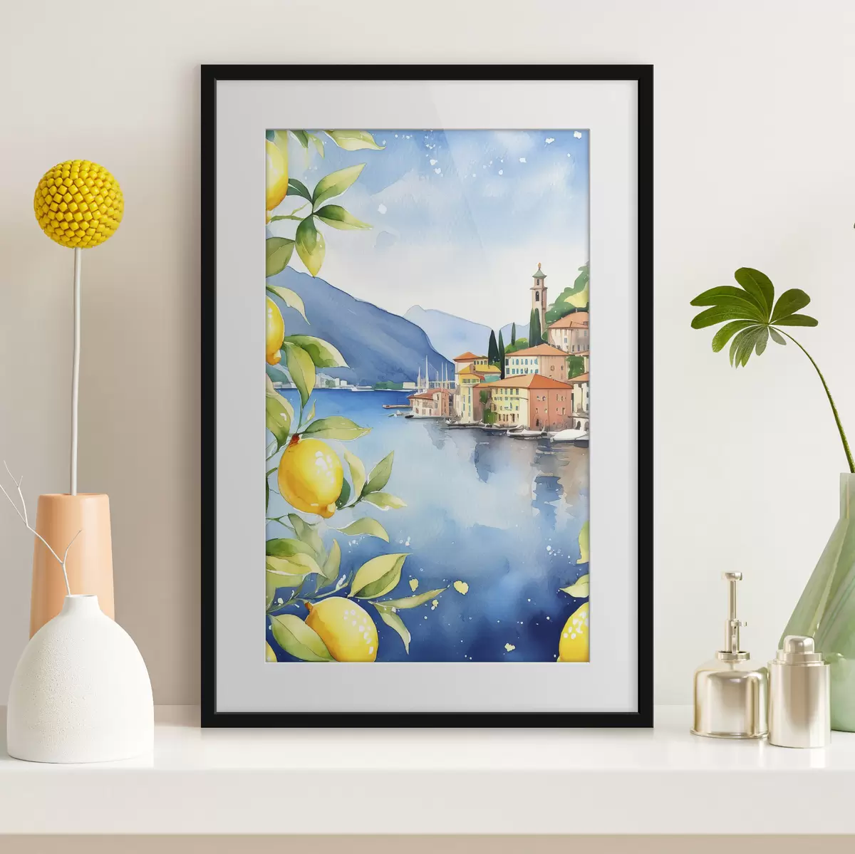 Plakat Itaalia järv, suvi, akvarell, loodusmaastik, sidrunid, linnaarhitektuur f38397