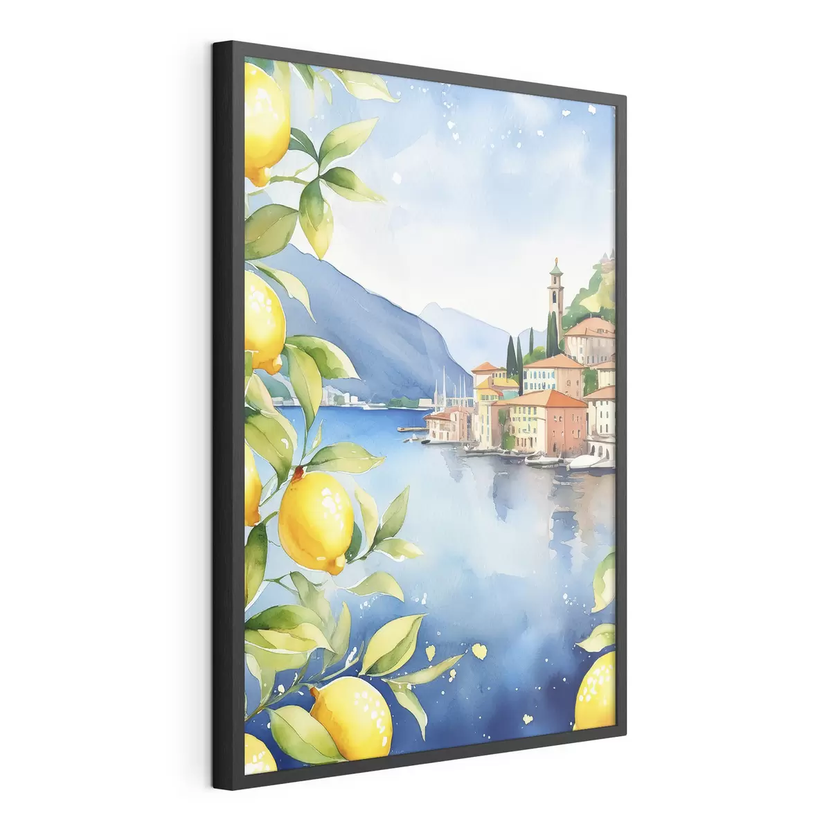 Plakat Itaalia järv, suvi, akvarell, loodusmaastik, sidrunid, linnaarhitektuur f38397