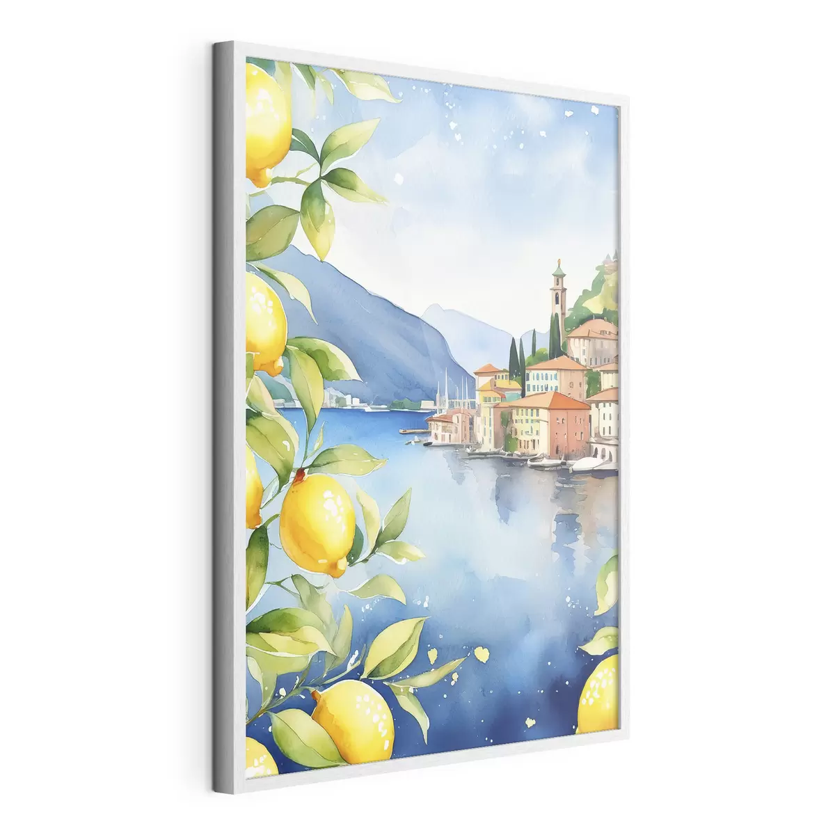 Plakat Itaalia järv, suvi, akvarell, loodusmaastik, sidrunid, linnaarhitektuur f38397