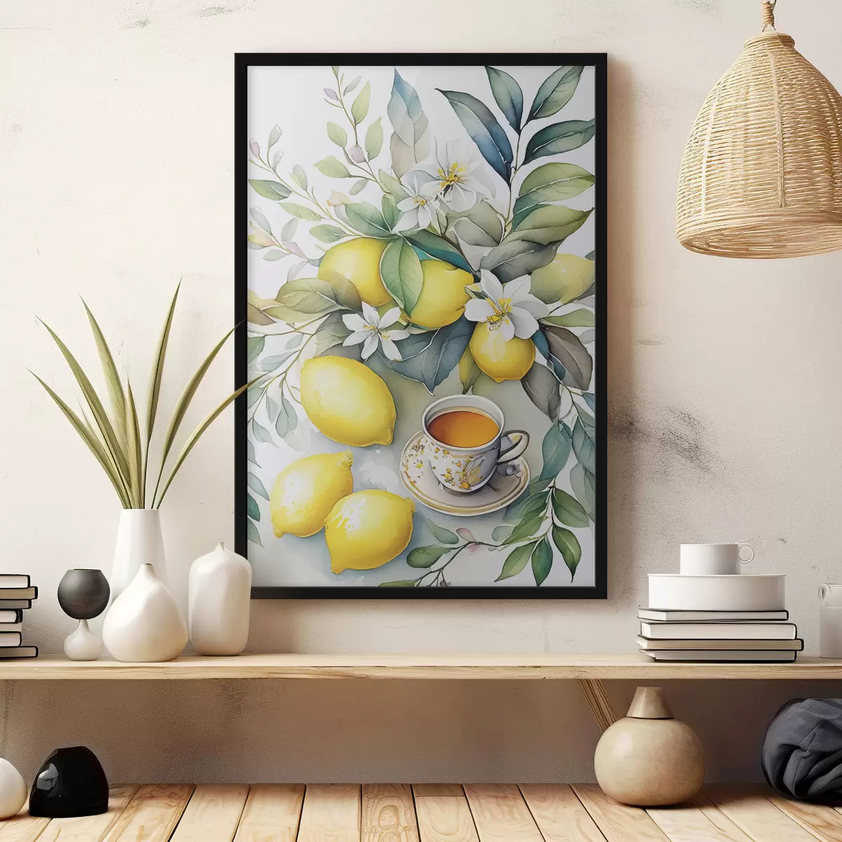Plakat Sidrunid ja lilled, akvarell, hommikusöök, tass teed, boheemlaslik stiil f38403