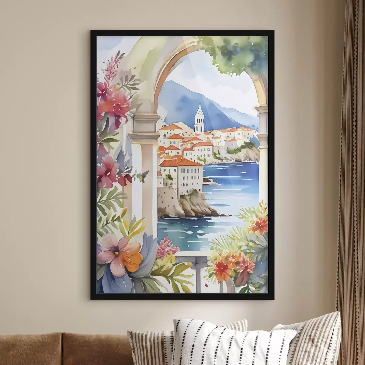 Plakat Vahemere arhitektuur, akvarell, suvelilled, sinine meri, mäed f38408