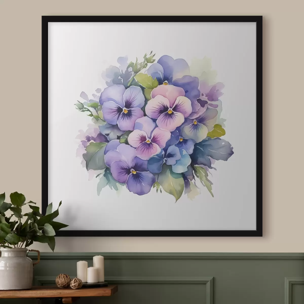 Plakat Violetne akvarellillustratsioon, kimp, lilled, sinine, lilla, roheline värv f38486
