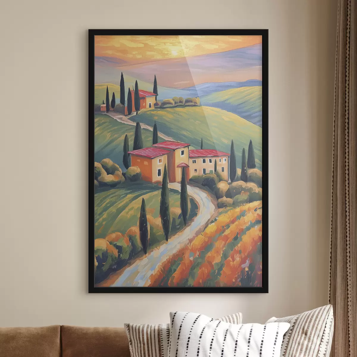 Plakat Toscana maastikud, Itaalia, akrüülkunst, vanad majad, põllud, suvi f38488