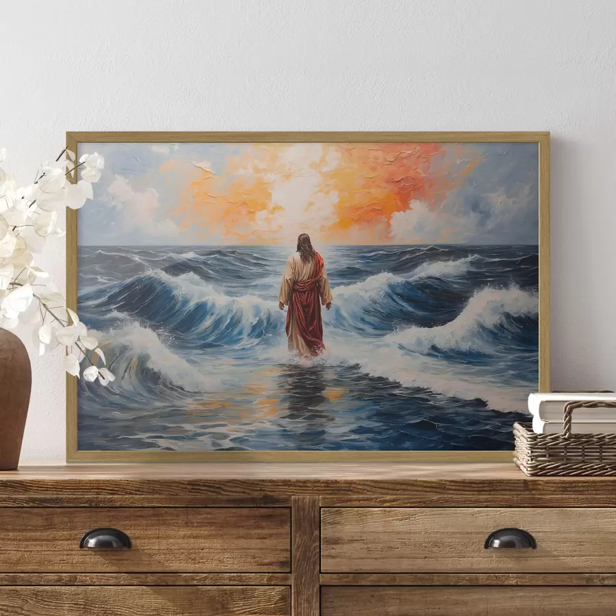 Fototapeedid Jeesus Kristus kõnnib mäsleval merel f38613