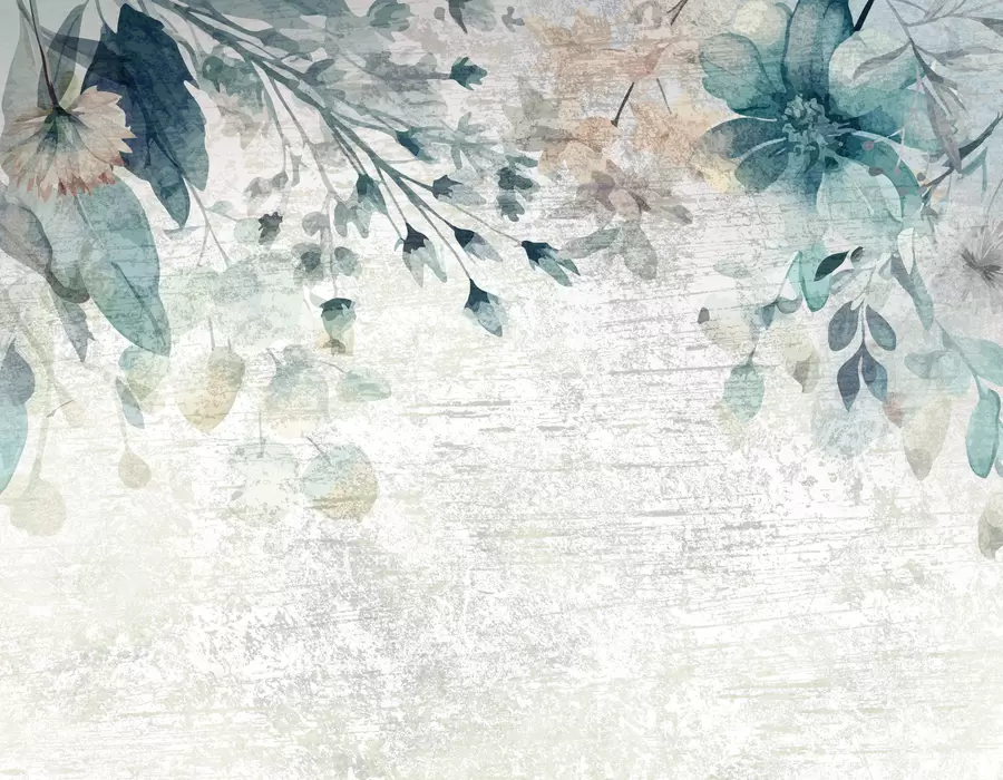 Fototapeedid Suured sinised ja valged lilled, lehed ja oksad vastu tekstureeritud seina w00697