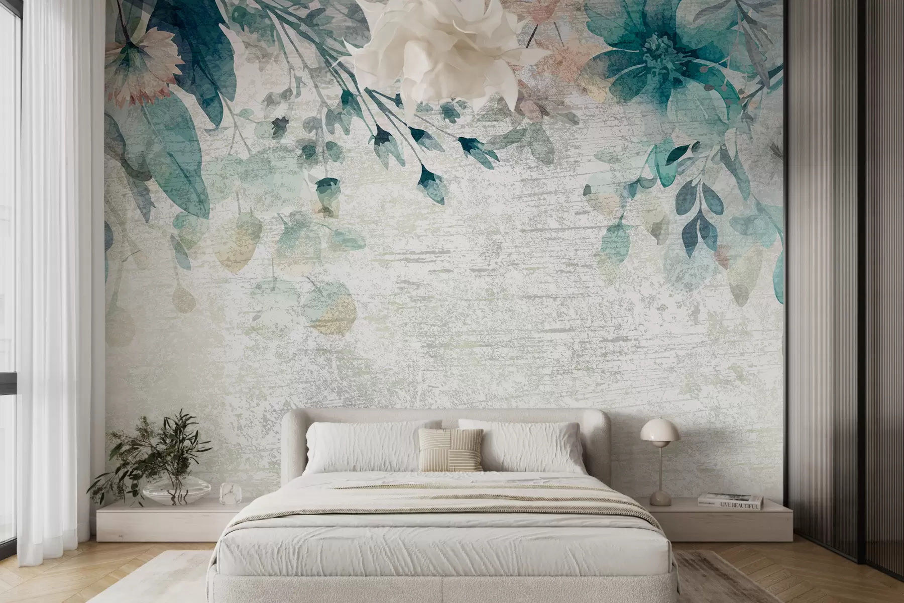 Fototapeedid Suured sinised ja valged lilled, lehed ja oksad vastu tekstureeritud seina w00697