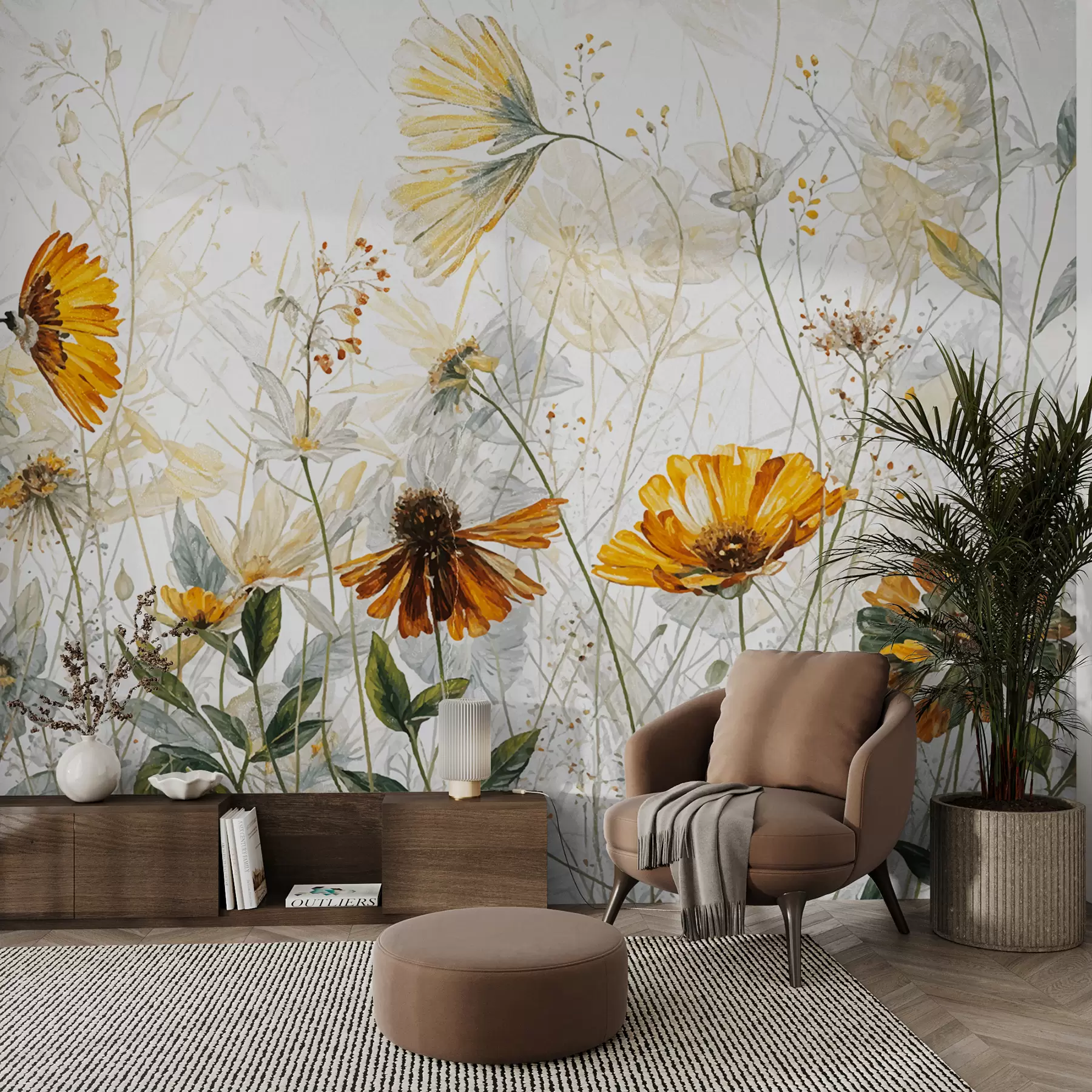 Fototapeedid Erksate lillede väli pehmel, udusel taustal õrnade valgete lillede ja õrna muruga w00708