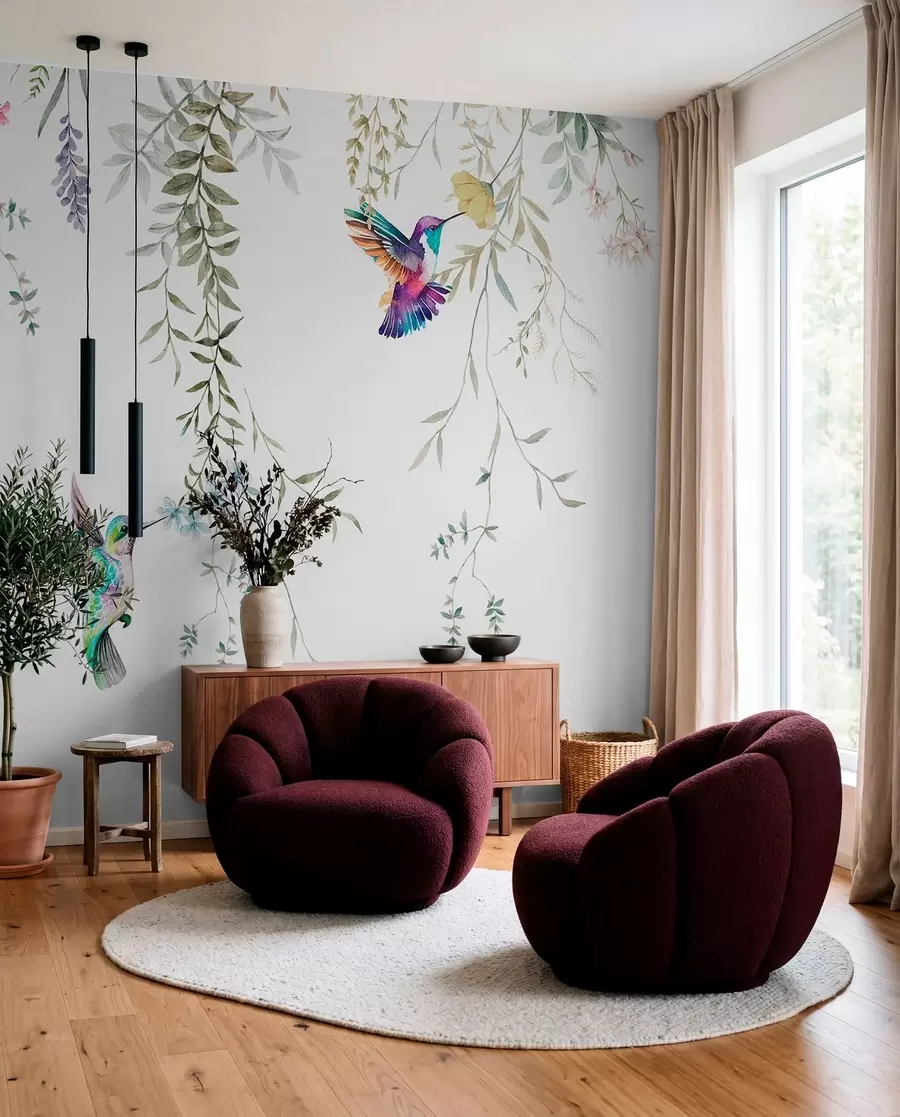 Fototapeedid Rippuvad lilled ja lehed ning kaunid koolibrid w00660