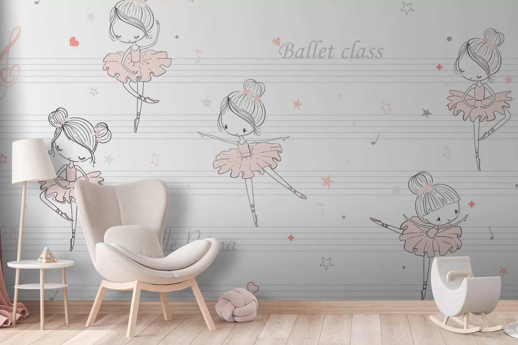 Fototapeedid Skandinaavia stiilis virsikukleidis baleriinitüdrukud lastetuppa w00755v2