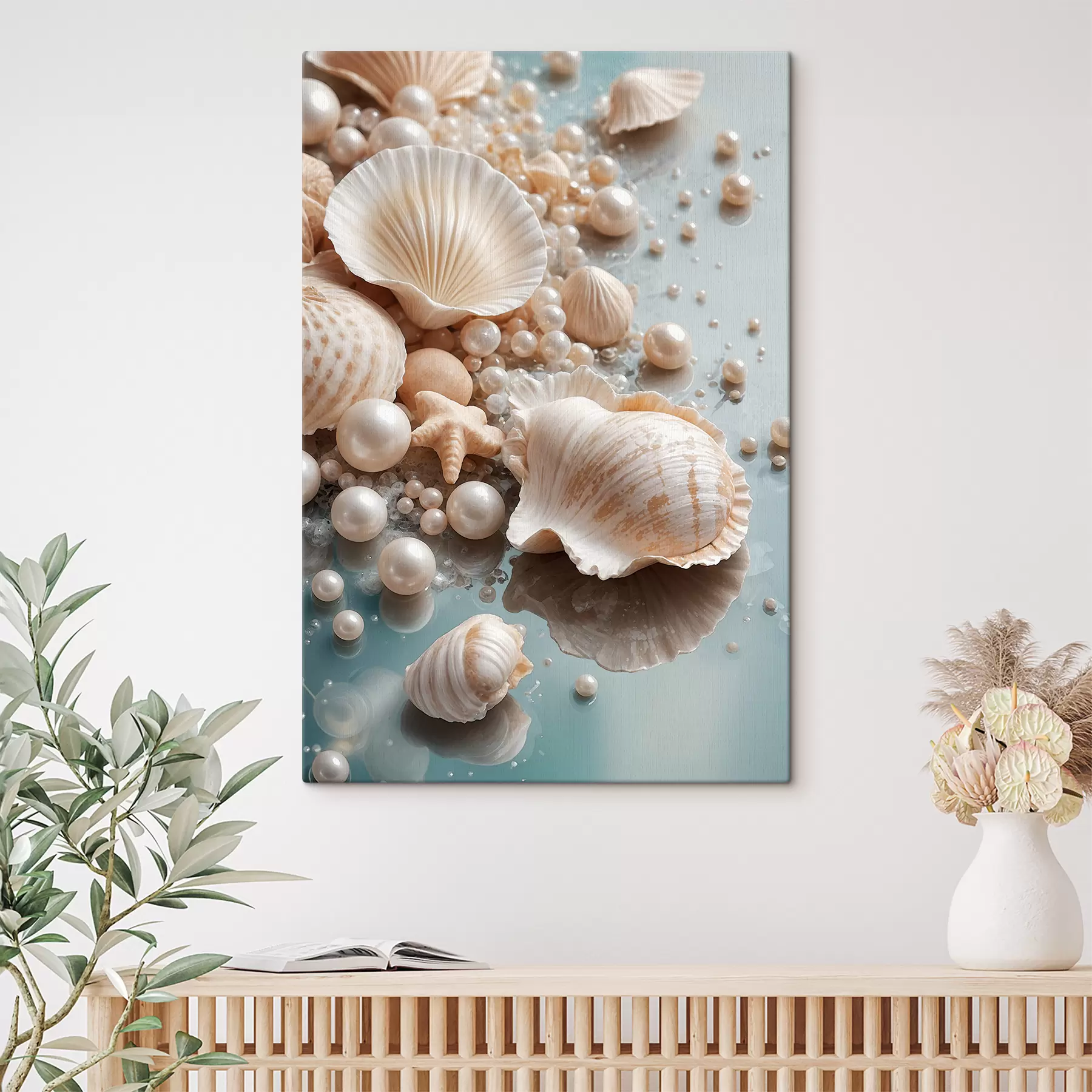 Fototapeedid Erinevad merekarbid ja pärlid helesinisel taustal s38769