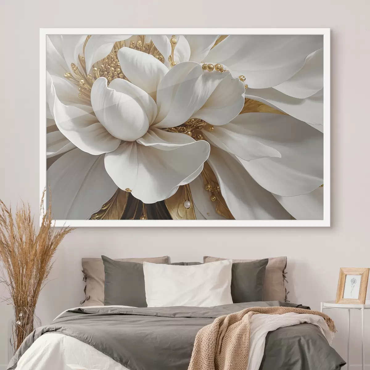 Plakat Lähivõte suurest valgest lillest õrnade kroonlehtede ja tolmukate keskmes minimalism f38762