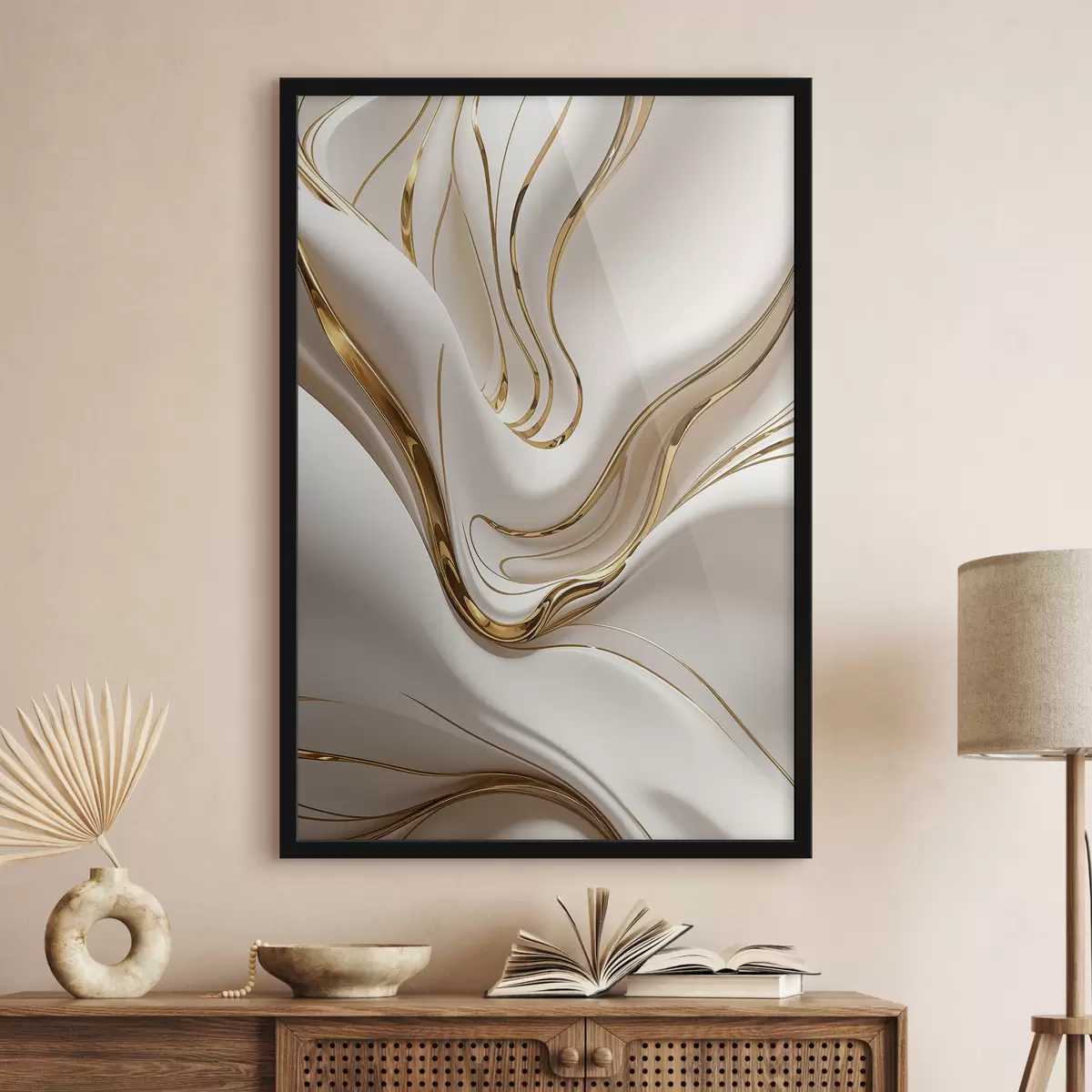 Plakat Voolavad ja valged abstraktsed kujundid, mis meenutavad vedelat või sulametalli, dünaamiline kompositsioon f38767