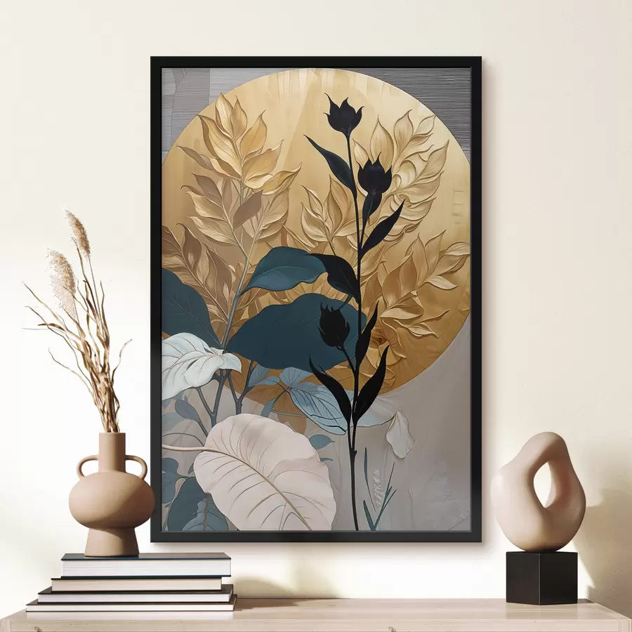 Fototapeedid Abstraktne lillekompositsioon suurte lehtede ja tumedate siluetidega kujunditega f38822