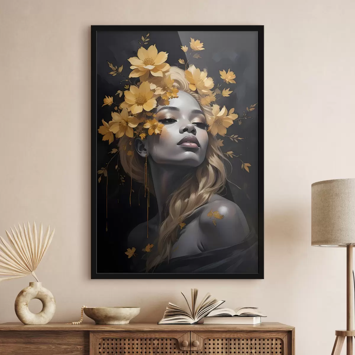 Plakat Noore naise portree, mida ümbritsevad kollased sügislehed tumedal taustal f38834